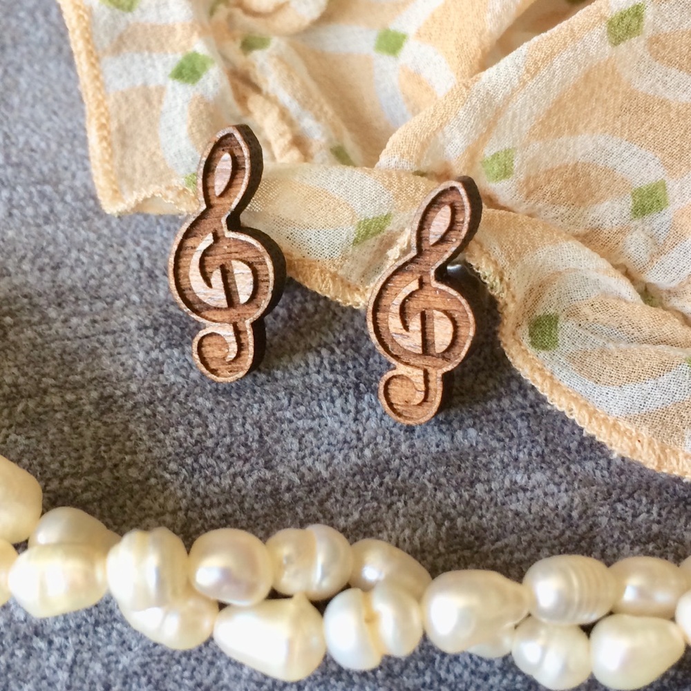 Carved Wood Treble Clef Post Earrings